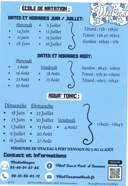 horaires natation vital'eau 2023